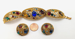 Vtg 50s La Roco Goldtone Filigree Multi-Color Rhinestone Bracelet & Earrings Set