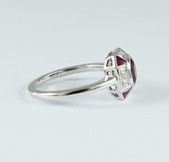 Art Deco Style Oval Ruby & Lab Created Diamond Engagement 14K White Gold FN Ring