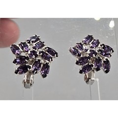 Vtg B David Purple Cluster Marquis Crystal Rhodium Silver Tone Clip On Earrings