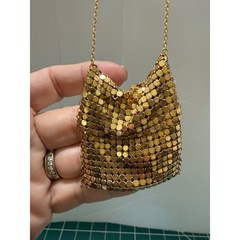Vintage Gold Mesh Pouch Pendant Necklace Miniature Bag Statement Jewelry 32 In