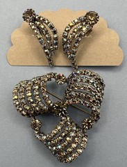 Aurora Borealis Ribbon Rhinestone Brooch Clip Earrings Set Unsigned Silver Tone
