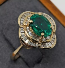 Art Deco Style Emerald Lab Created Diamond 14K Yellow Gold FN Engagement Ring