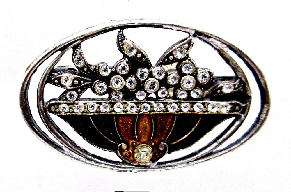 Vintage Pierre Bex French Brooch Pin Enamel Rhinestone Art Deco Trombone Clasp