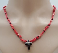 VTG 925 Red Coral Bead 17in Necklace Sterling Silver 15gtw Puffed Open Cross