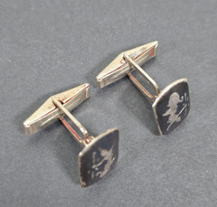 VINTAGE SIAM STERLING SILVER NIELLO TIE BAR & CUFFLINKS SET GODDESS DANCERS 925