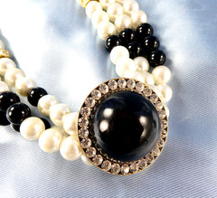 Vintage Faux Pearl Necklace Black White Beaded Multi Strand w/ Crystals