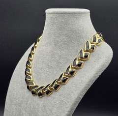 Vintage Gold Tone and Black Enamel Chevron Link Collar Necklace 17″ Long