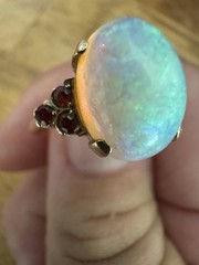 Vintage Large Natural Crystal Australian Opal & Ruby Ring 14K Size 8.75