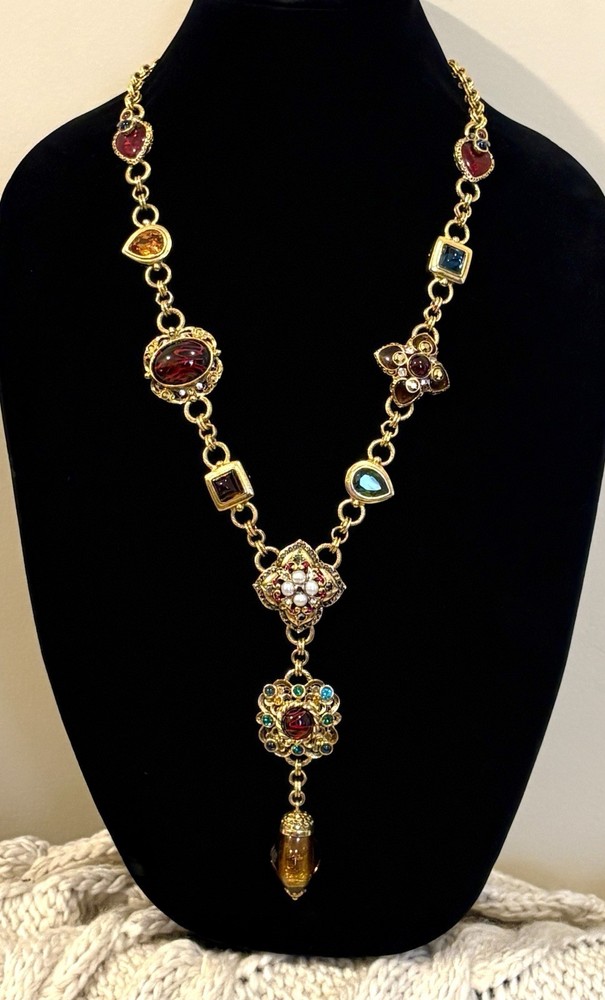 Vtg Jose & Maria Barrera Byzantine Revival Rhinestone Drop Pendant Necklace 25”