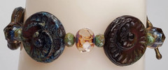 VTG Colorful Glass Beads Brass Toggle Bracelet Boho Art Glass Ammonite Fossils