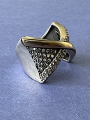 RARE Modernist Designer 925 Sterling Silver 14K Gold Black Diamond X Ring