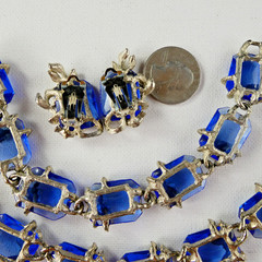 Vintage BSK Blue Glass Crystal Leaf Demi Parure Necklace Bracelet Earrings SET
