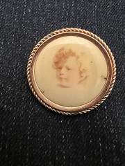 Antique Gold Tone Metal Young Child Curly Haired Photograph Pin Brooch
