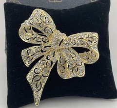Vintage Monet Gold-Tone Rhinestone Bow Brooch -Statement Pavé Crystal Ribbon Pin