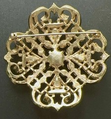 Vtg Champagne Pearl Green Rhinestones Enamel Gold Brooch Art Deco Nouveau Style!