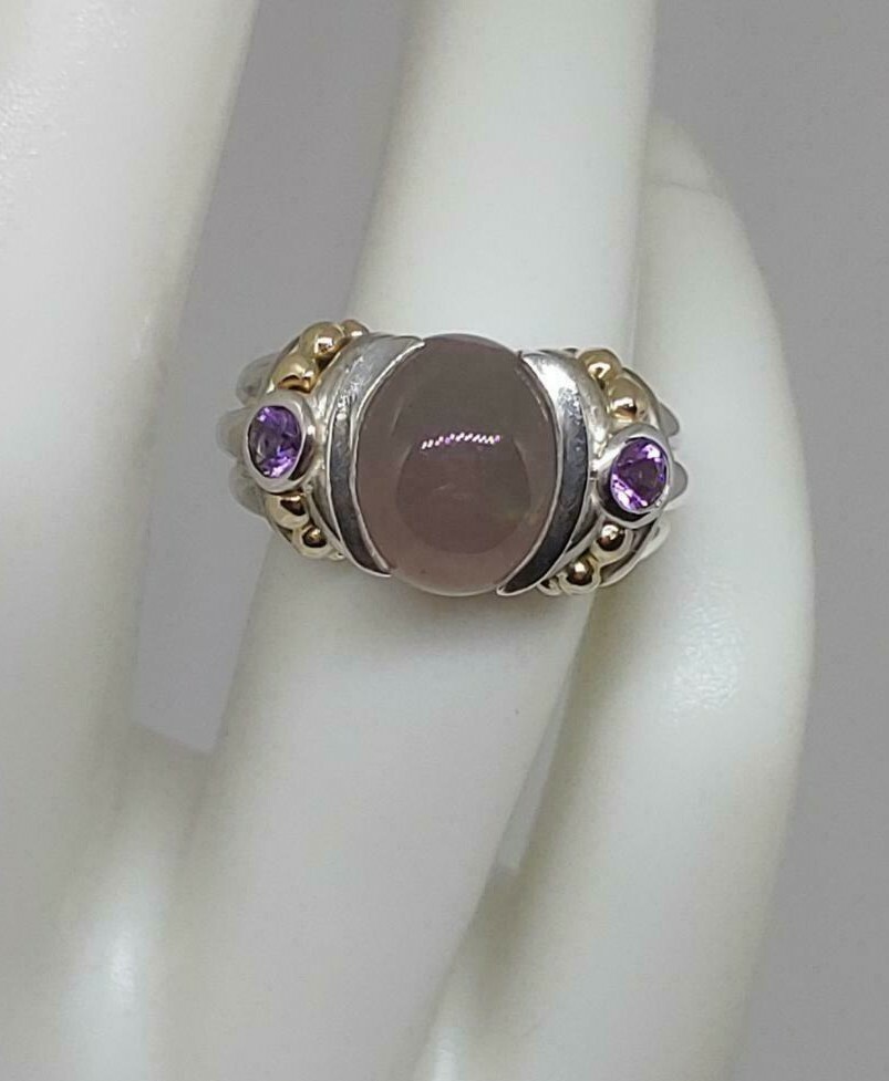 925/14KT SAMUAL BENHAM SIGNED CHALCEDONY AND AMETHYST RING SIZE 6 1/4