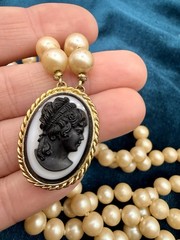 Vintage Double Strand Faux Pearl Cameo Necklace Black White Resin Cameo
