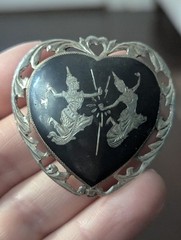 Vintage Siam Sterling Heart Black Niello Brooch Pin Lightning Goddess Love Art