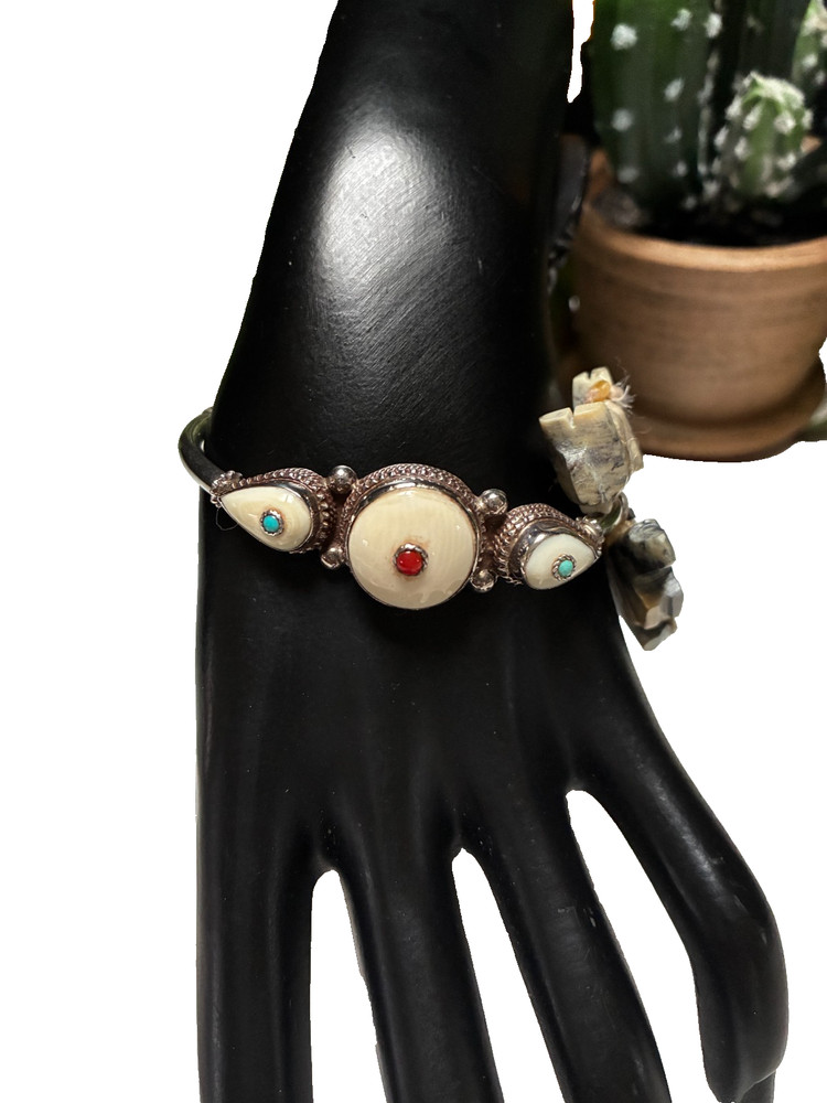 Vintage Tibet/Nepal Sterling Silver Coral Turquoise Inlaid Bone Tribal Bracelet