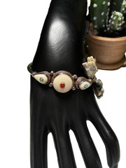Vintage Tibet/Nepal Sterling Silver Coral Turquoise Inlaid Bone Tribal Bracelet