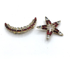 B David Clear Gold Tone Red Rhinestone Crescent Moon Star Brooch Pins