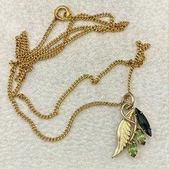 Pretty Vintage 12k Gold Filled Floral Leaf Pendant, Emerald-Glass, Peridot-Glass
