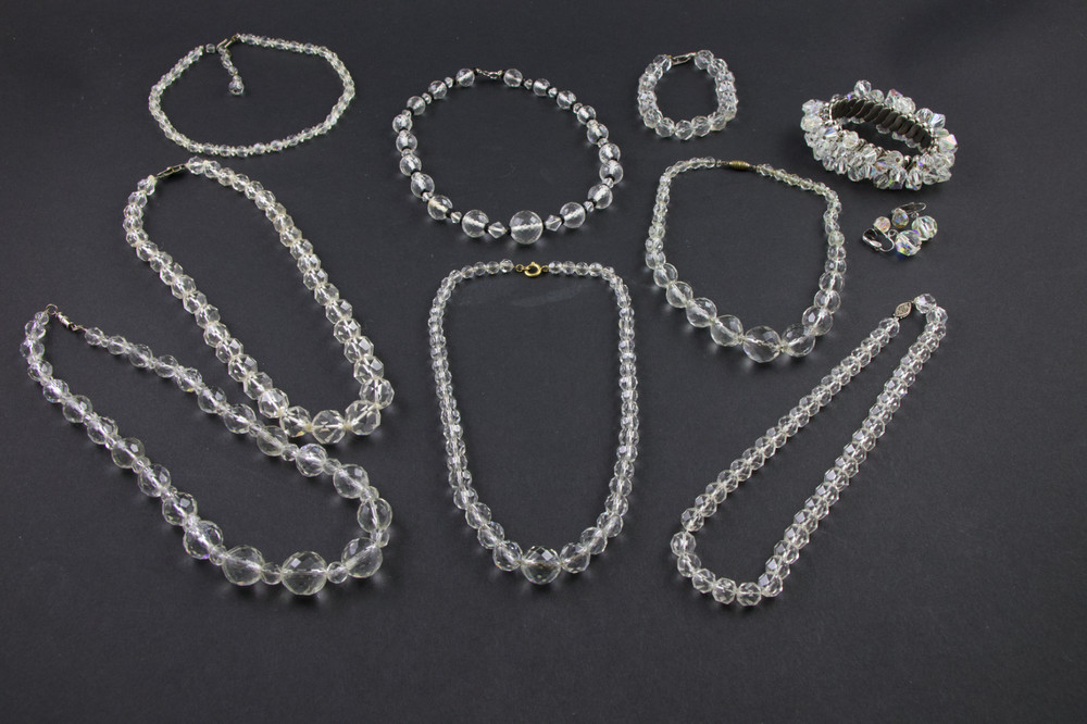 10 Vintage Wearable Faceted Rock Crystal & AB Jewelry Mix Lot Necklace Bracelet