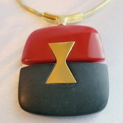 LANVIN PARIS 1970s Red & Black Mod Runway Pendant Gold Plate Necklace RARE EUC