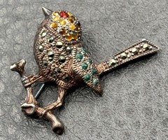 Vintage Sterling Silver 925 Bird Brooch Pin Marcasite Green Red Yellow Crystal
