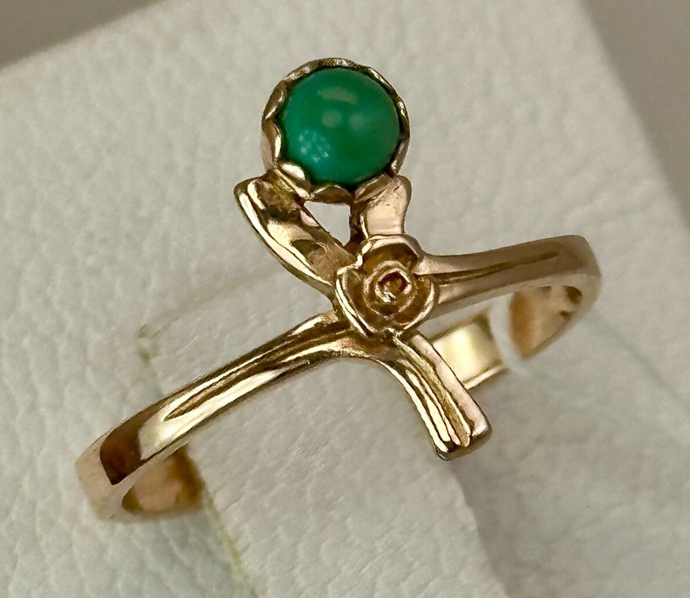 USSR Rare Vintage Original Natural Turquoise Rose Gold Ring 583 14K Kiev 1982