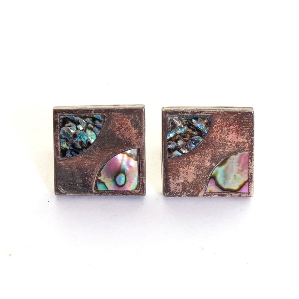 Vintage Estate Signed Sterling Silver Abalone Inlay Square Cuff Links