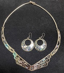 Vintage Alpaca Mex. Abalone Shell Necklace & Earring Set