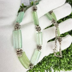Vintage Sterling Silver Iridescent Green Roman Glass & Beaded Necklace Boho Chic