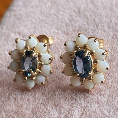 10k Gold London Blue Topaz Earrings with Opal Surround Vintage with Box & Paper