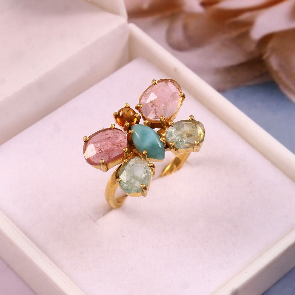 Natural Tourmaline & Larimar Butterfly Ring 925 Sterling Silver Handmade Ring