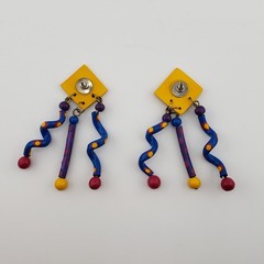 VTG 80s Earrings Memphis Style Pierced Kinetic Dangle Colorful Polka Dot Artsy