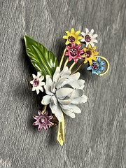 Vintage Enamel Flower Bouquet Brooch Pin White Green Pink Yellow Blue