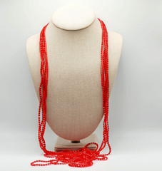 Vintage Red Multi Strand Plastic Square Beaded Solid & Clear Bead Necklace 48 In