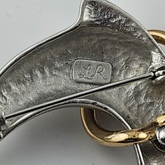 Silver Gold Dolphin Brooch Brushed Vintage Signed Lady Remington LR 1970s