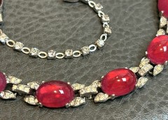 RARE ART DECO JOMAZ Or MAZER Faux Ruby Cabochon Rhinestone SILVER TONE Necklace