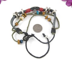 BOHO Wood Beads Silvertone Metal Round STAR Beaded THREE Strands Cording 11″
