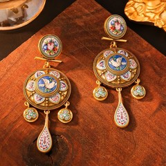 Vintage European Floral Bird Enamel Disc Drop Earrings Gold Victorian Jewelry