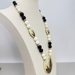 Vintage Japan Beaded Necklace Black White Gold Leaf Pendant Mid Century Modern