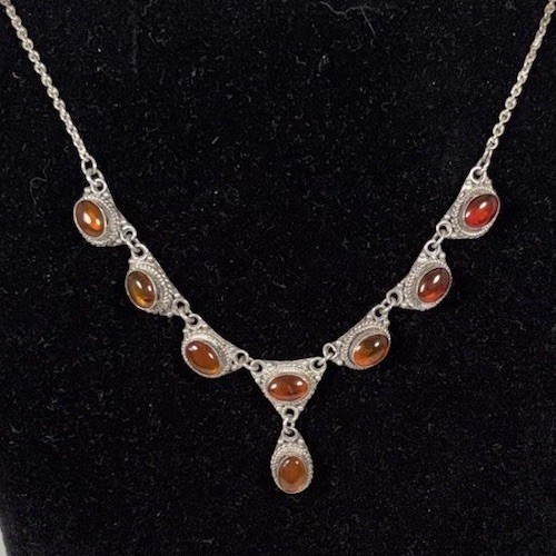 Vintage 925 Sterling Silver Cognac Colored Amber Y Drop Necklace 18” 11g