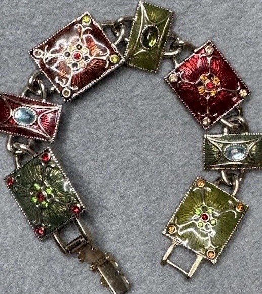 Liz Claiborne Boho Enamel Rhinestone LC Signed Vtg Statement Bracelet Artsy