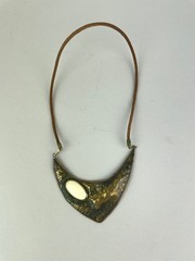 Vintage 60s 70s Handmade Brutalist Pendant Necklace Brass & Leather, Stone 15.5″