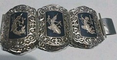 Vintage Sterling Silver Niello Black Enamel Thai Dancer Panel Bracelet lot of 2