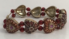 VIntage Monet Heart Bracelet Double Chain Strung Red Beads Bronze Hearts