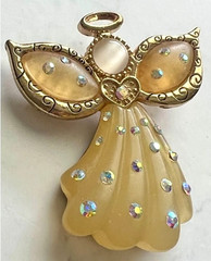 VINTAGE Angel Brooch AB Rhinestones Resin Gold Tone 2″ Pin Designer Signed KC