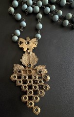 Antique Czech Glass Grape Cluster Necklace Brass Blue Bead Art Deco Neiger Style